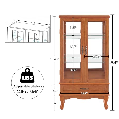 Image of 49 inch H Lighted Curio Cabinet Display Case, Glass Curio Cabinet with Adjustable Shelves,Tempered Glass Door and Drawer, Wooden Cabinets w /Mirrored Back Pane for Living Room (Oak)