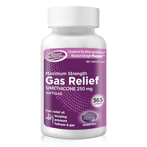 RIGHT REMEDIES Maximum Strength Gas Relief Softgels 365 Count Simethicone 250 mg Anti-Gas Pills for Bloating Pressure Fullness & Discomfort Compare to Maximum Strength Phazyme Active Ingredient