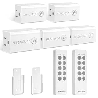 SURAIELEC Wireless Remote Control Outlet Switch Kit - 5 Outlets + 2 Remotes, 15 AMP, 100FT Long Range, No Interference, for Lights, Fans, Christmas Lights, Small Appliance