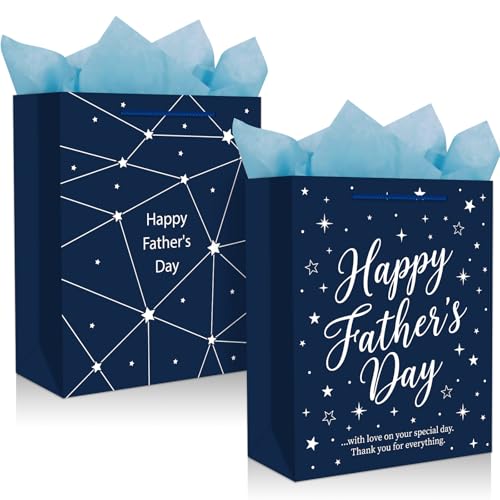 D24TIME Happy Fathers Day Paper Gift Bag - Pack of 2 Small Fathers Day Bags with Tissue Paper and Handles Gift Bags for Dad Daddy Stepdad Grandfather Husband