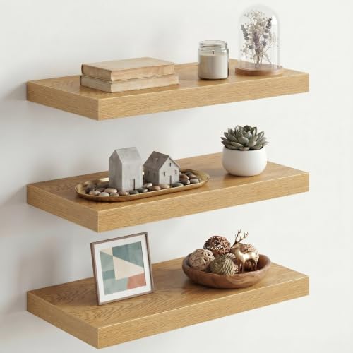 Image of Fun Memories 10 inch Deep Floating Shelves with Invisible Brackets, 20 inch Wall Shelves for Bathroom Bedroom Living Room, Modern Rustic Shelves for Home Decor, 20 inch W x 10 inch D x 1.5 inch H, Set of 3, Oak