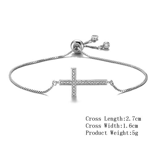 Newbuy Classic Design Aaa+ Cubic Zirconia Cross Charm Bracelets For Women Girl Adjustable Copper Chain Bracelet & Bangle Christian Jewelry Baptism Gift (White Gold Plated) #TOP1