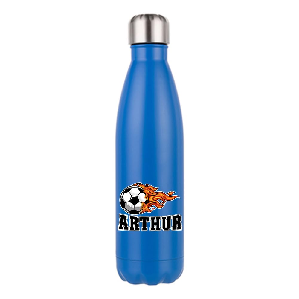 Personalised Sports Accessories, Custom Name Football Flame Design – Gift for Kids, Football Fans - School, Sports, 500 ML Double Walled Insulated Stainless Steel Bottle. (Matt Dark Blue)