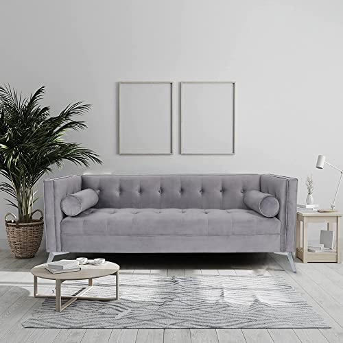 Velvet Tufted Sofa, Mid-Century Couch Modern Upholstered Button Loveseat Wth 2 Round Pillows And Metal Feet For Living Room, Office (Grey) #TOP17