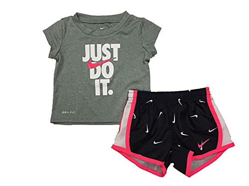 Nike Girl`s Graphic Print T Shirt & Shorts 2 Piece Set (Black(16E429-023)/Pink/White, 2T)