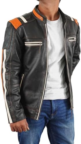 Image of Vintage Cafe Racer Leather Jacket Men Retro Motorcycle Racing Jacket