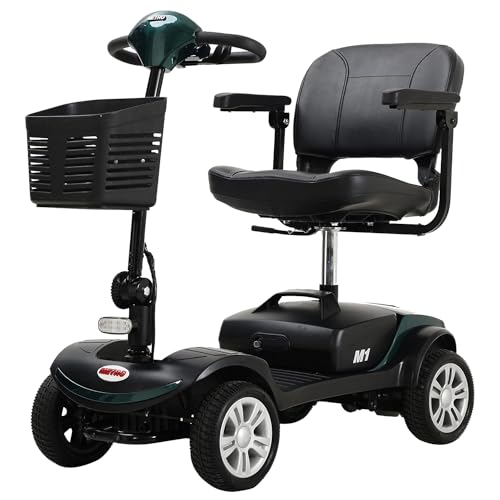 Electric Mobility Scooter for Adults Seniors Wheelchair Device for Travel 4 Wheel Folding Scooter with Seat-300 lbs Max Weight Long Range Power Extended Battery with Charger and Basket - Green
