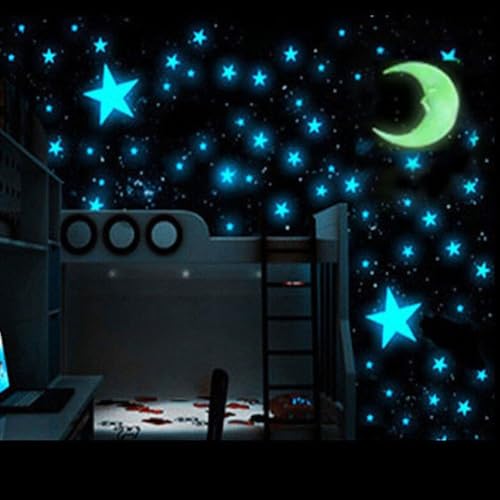 Brillan en la oscuridad, estrellas azules y amarillas, calcomanías de pared celestiales para habitación de niños, decoración de guardería, juego de pegatinas fluorescentes de PVC de larga duración