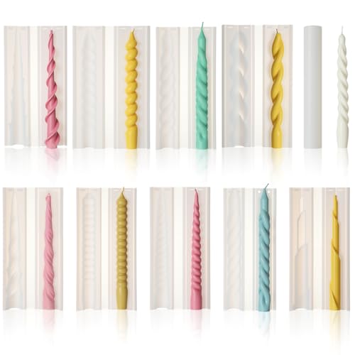 Acellegic 10 Pcs Reusable Taper Silicone Candle Molds Set Spiral Wave Pillar Candles Mold for DIY Craft Candles Making 3D Casting Handmade Gift for Home Wedding Church Candlelight Dinner Decorations
