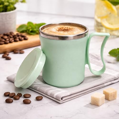 Image of Insulated Stainless Steel Coffee Mug with Lid, 300ml, Double Wall, Reusable Travel Mug for Home & Office (Brown - Pastel Green)