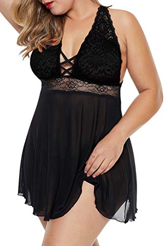 XAKALAKA Women Plus Size Lace Mesh Babydoll Lingerie Crisscross Back Chemise Sleepwear Black XXL