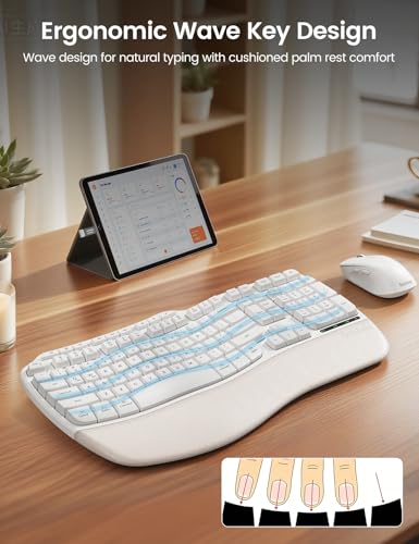 Image of White Ergonomic Wireless Keyboard and Mouse Combo, 2.4G Full Size Ergo Wave Key Board with Cushioned Plam Rest, Natural Typing, 3 DPI Adjustable Silent Mouse for Computer /Laptop /Windows /Mac - Sablute