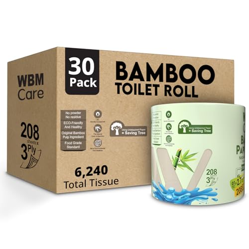 WBM Care Bamboo Toilet Tissue, Strong & Flexible 3-Ply, All Natural Tree Free and Septic Safe Paper Towels, 208 Sheets Each Roll, Total 6240 Sheets, 30 Rolls