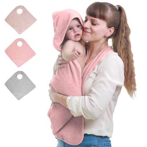 Image of KELRICER Hooded Baby Towels for Newborn, Hands Free Baby Hooded Bath Towel, Oversized Baby Towel with Super Absorbent 100% Cotton, 35.4 * 35.4 Inch Full Coverage Kids Bath Towel (Pink)
