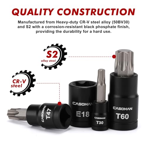 Image of CASOMAN 71-Piece Master Hex & Torx Bit Socket Set, 1 /4 inch & 3 /8 inch & 1 /2 inch Drive, Metric /SAE Hex Bit Sockets, Star Bit Sockets (T6 - T70), E-Torx Sockets (E4 - E24), with Storage Case