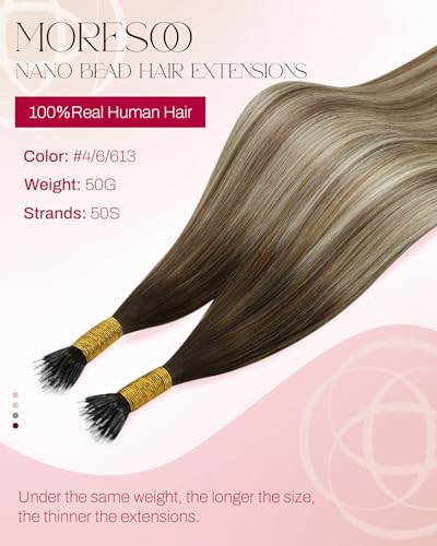 Image of Moresoo Nano Bead Hair Extensions, Brown Bleach Blonde Balayage, 16 Inch | 50g 50 strands, flexible bead placement, natural movement for everyday styling and added density