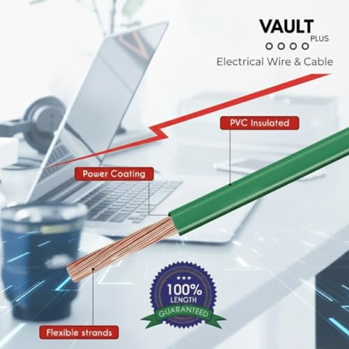 Image of VAULTPlus Green 0.75 Sq Mm CCA Copper Electrical Wire - 90 Meter Roll | Flexible House Wiring Cable | PVC Insulated Single Core Wire for Home & Industrial Use