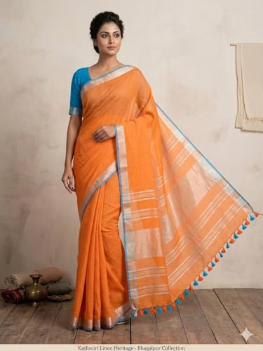 Image of STB-SILK TEXTILES BHAGALPUR Women's Linen Slub Saree With Contrast Blouse Piece