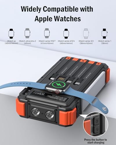 26800mAh Solar Power Bank, 20W USB-C Fast Charging with 4 Built-In Cables, Wireless Charging for Apple Watch, Flashlight & Camping Light, Carabiner for Phones & Outdoor Adventures (Orange)