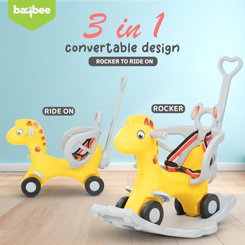 Image of 3 in 1 Baby Rocking Horse Ride On Car for Kids | Baby Rocking Chair with Parental Handle, Balance Board, Safety Guardrail & Belt | Push Ride On Toy Car for Kids 1-3 Years (Yellow)