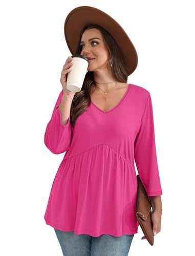Image of OFEEFAN 3 /4 Length Sleeve Womens Tops 2026 Blouses for Women Dressy Casual Fashion Clothing V Neck Babydoll Tops Fall Outfits
