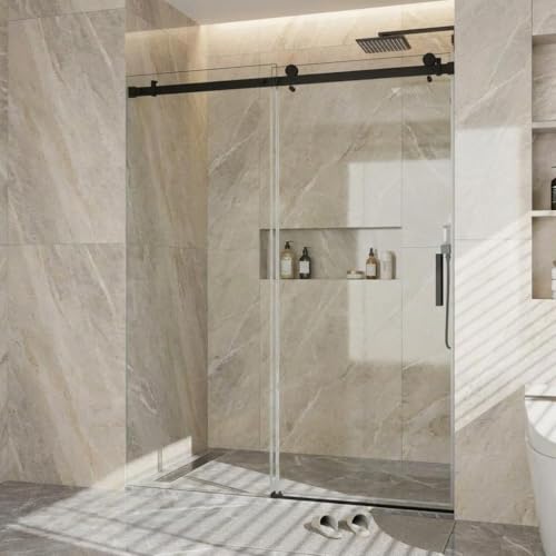 Image of 44-48 inch W x 76 inch H Frameless Sliding Shower Door, 1 /4 inch (6mm) Tempered Glass with Explosion-Proof Film, Matte Black Stainless Steel Track & 55mm Rollers, Bypass Bathroom Door