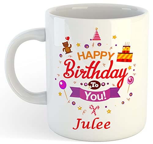 VRANTIKAR Julee Name Pink Flower & Butterfly Printed Mug Gift for Girlfriend,Wife,Sister,Friend On Birthday,Valentine Day,Rakhi, Rakshabandhan Mug, HRGA-1 Ceramic Coffee Mug 325 ml