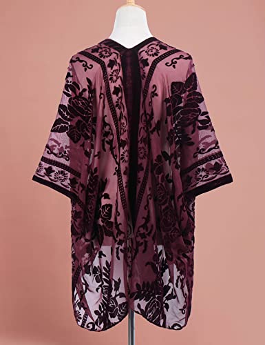MJ SERECA Women's Burnout Velvet Kimono Cardigan Cover Up with Tassel4