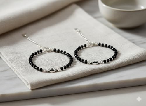 Image of Parnika (Formerly MJ 925 Traditional Silver & Black Crystals Baby Nazariya Kids Silver Bracelet in Pure 92.5 Sterling Silver for Kids - One pair
