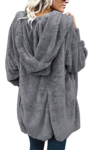 Womens Fuzzy Jacket Sherpa Coat Open Front Hooded Cardigan Outwear With Pockets (Dark Grey,L) #TOP4