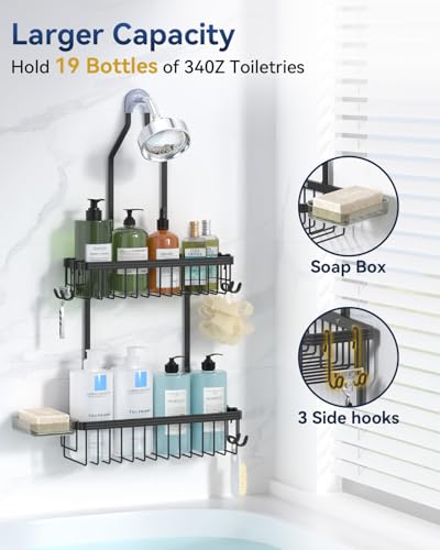 Image of YASONIC Never Rust Shower Caddy Hanging, Aluminum Shower Racks for Inside Shower, 2-Tier Shower Organizer Hanging Over Shower Head with Hooks and Soap Holder, Black