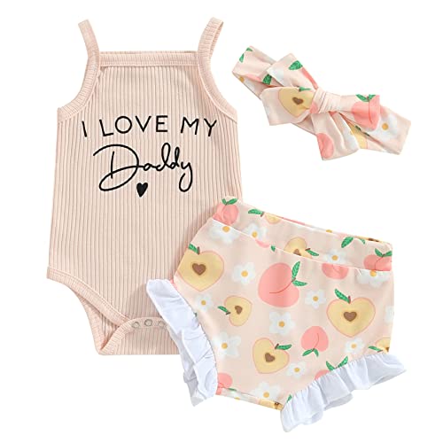 Image of Zoiuytrg Infant Baby Girl Father's Day Clothes Daddy's Little Girl Romper Tops Ruffle Leopard Bottom Shorts with Headband