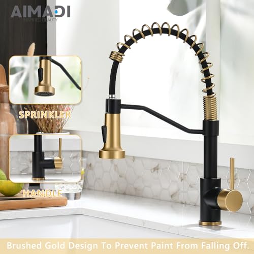AIMADI Black Faucet Kitchen,Commercial Black Gold Kitchen Faucet Matte Black Modern Single Handle Kitchen Faucet with Pull Down Sprayer for Rv Farmhouse Camper - Thumbnail 4