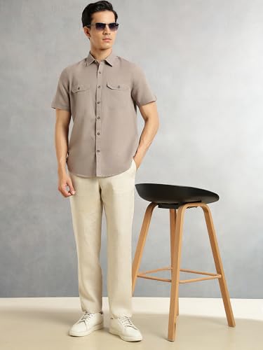Image of Thomas Scott Men's | Solid | Half Sleeve | Slim Fit | Linen Blend | Double Flap Pocket | Spread Collar | Casual Shirt for Men