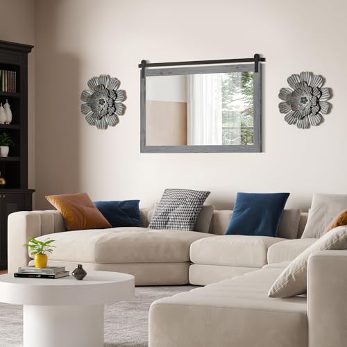 Image of COGOOD Farmhouse Bathroom Mirror - 45 x 30 Rustic Wood Framed Wall Barn Door Mirror for Entryway, Living Room, Entryway Wall Decor (Grey)