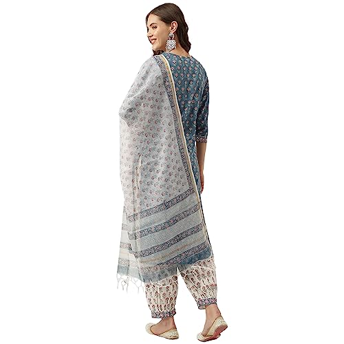 Image of Divena blue Floral Printed Cotton Embroidered kurta, Trouser with Dupatta