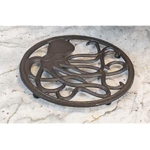 GASARÉ, Cast Iron Trivet for Hot Dishes, Pots, and Pans, Metal Trivet, Octopus Design, Rubber Feet Caps, Ring Hanger, 8 Inches, Brown, 1 Unit GASARE Cast Iron Trivet for Hot Dishes Pots and Pans Metal Trivet Octopus Design Rubber Feet Caps Ring Hanger 8 Inches Brown 1 Unit