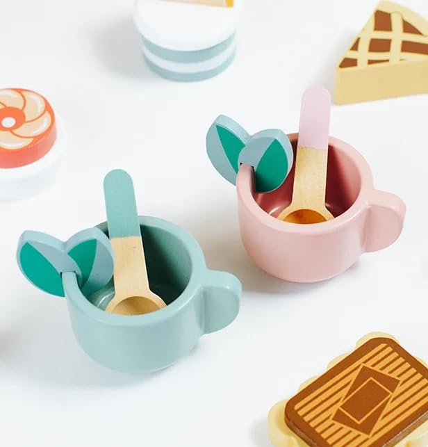 Image of Wooden Afternoon Tea Party Set for Kids- Includes Pastries- Cookies- Cake Rack- Cups & Spoons- Children's Food Play-Kitchen Accessories