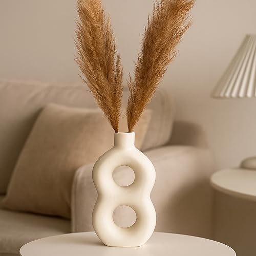 Image of Modern Ceramic Ring Vase with Pink Floral Stems, White, Decorative Flower Holder for Home (7.5 x 9)