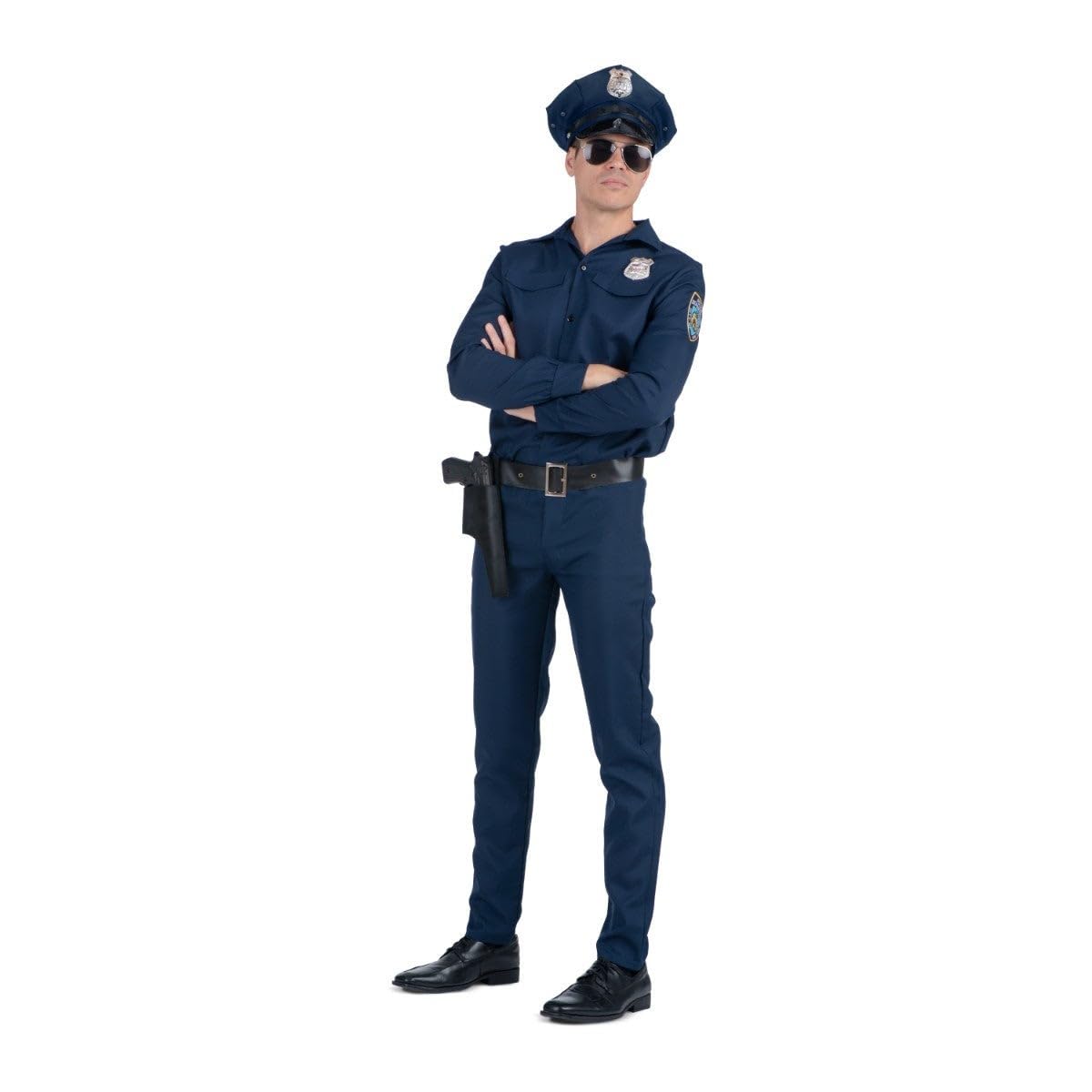 My Other Me - Disfraz Policía hombre adulto en azul | Incluye conjunto en azul marino de pantalón y camisa con placa, gorra a juego con insignia y cinturón con pistolera negra