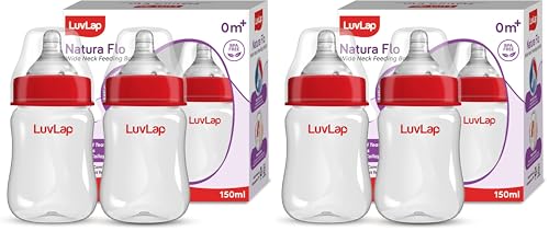Image of LuvLap Anti-Colic Wide Neck Natura Flo Baby Plastic Feeding Bottle, 150Ml (Pack of 4), New Born /Infants /Toddler Upto 3 Years, BPA Free