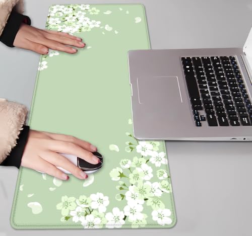 Image of IMAYONDIA Sakura Japanese Desk Mat, Cherry Blossom Flowers Large Gaming Mouse Pad, Pastel Floral Minimalist Mousepad Desk Decor for Women, Green Aesthetic Desk Pad for Work, Game, Office, 31.5x11.8