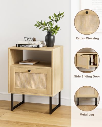 Image of Masupu Extra Large Rattan Nightstand,Modern Boho Farmhouse Wood Bedside Table with Storage Drawer and Open Shelf, Black Frame Side End Table for Bedroom,Living Room,Office (Natural)