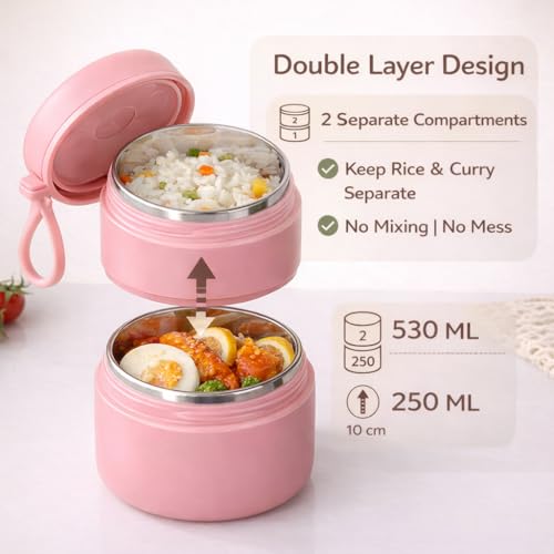 Image of Insulated Lunch Container Hot Food Jar - Leakproof 2-Tier Stackable Bento Box with Foldable Spoon - 780ml Pink Stainless Steel Thermal Food Flask