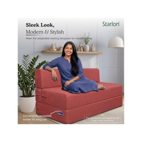 Image of Starlon 3 Seater Foldable Sofa Cum Bed 3-in-1 with Washable Jute Fabric Cover, Space Saving Guest Bed for Living Room & Apartment, Royal Maroon 6x6 Ft