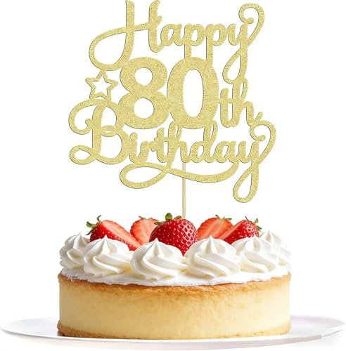 80th Birthday Cake Topper Gold - Elegant Happy 80th Cake Decorations with Food Safe Material & Easy Install Stick - Non-Edible Cake Topper for Women Men