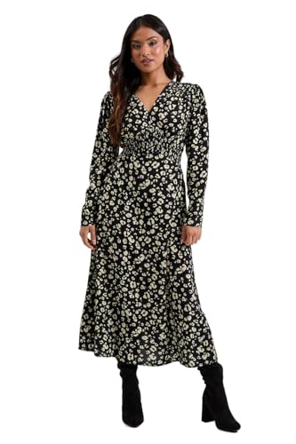 Image of Dorothy Perkins Petite Yellow Animal Shirred Waist Button Detail Midi Dress, 8, Yellow