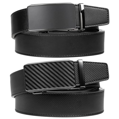 Image of 2 Pack Ratchet Belt 1 3 /8 inch, Mens leather Dress Belt in Gift Set Size 28 inch-62 inch Adjustable waist Trim to Fit