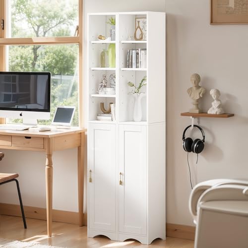 VECELO 71” Freestanding Storage Cabinet with 6 Removable Shelves, Bottom Closed Compartment, Elevated Dust-Resistant Base, Adjustable Organizer for Home-Peal White by VECELO - Used condition - Image 4
