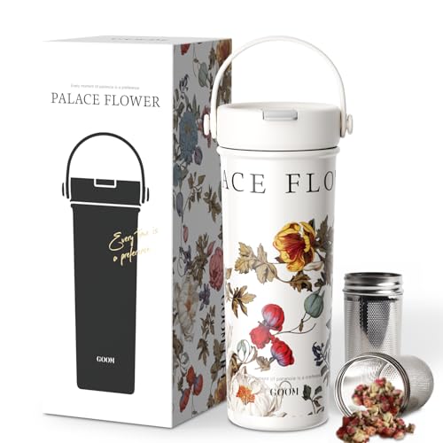 GOOM 水筒 マグボトル タンブラー 蓋付き 保温ボトル 600ml 316ステンレス ストローボトル 保温 保冷 真空断熱 漏れ防止 多重構造 蓋付き ストラップ付き 茶こし付き 手書き風 オシャレ アウトドア スポーツ(花々白)